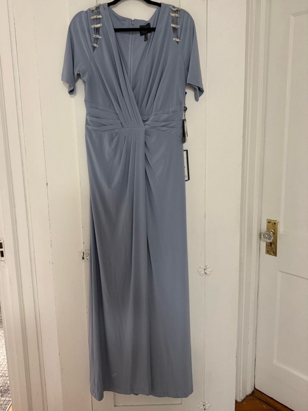 Elegant Light Blue Evening Gown with Embellished Shoulders